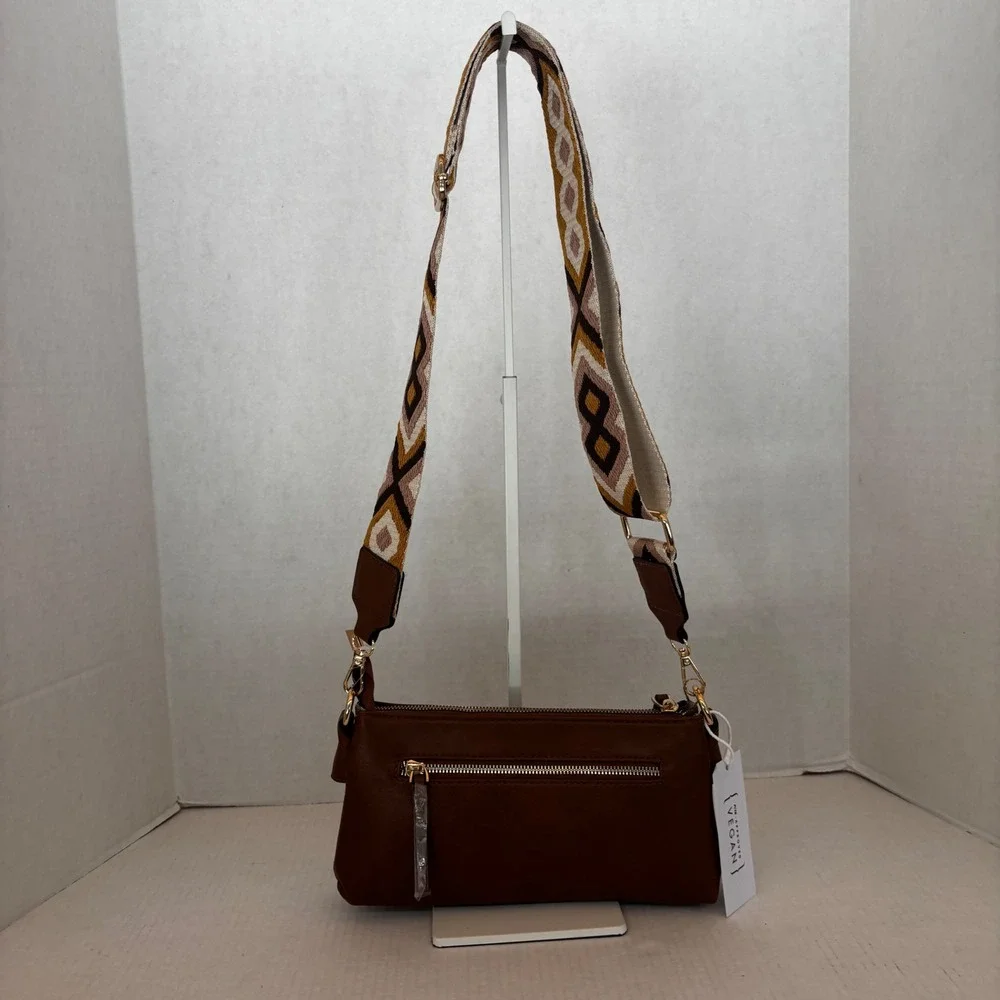 Metro Muse Crossbody Bag‎ Women  Brown Vegan Leather Geometric Guitar Strap NWT